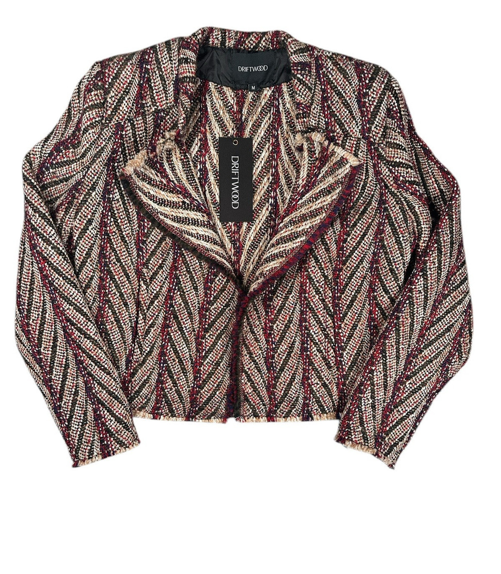 Driftwood Tweed Blazer Jacket M Herringbone Wool Blend Open Front Raw Hem NWT